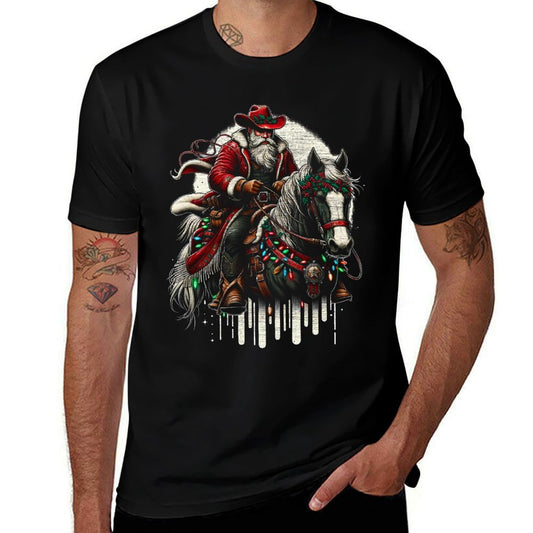 Vintage Santa Claus Xmas Light Cowboy Riding Horse  Fade-proof Color T-Shirt