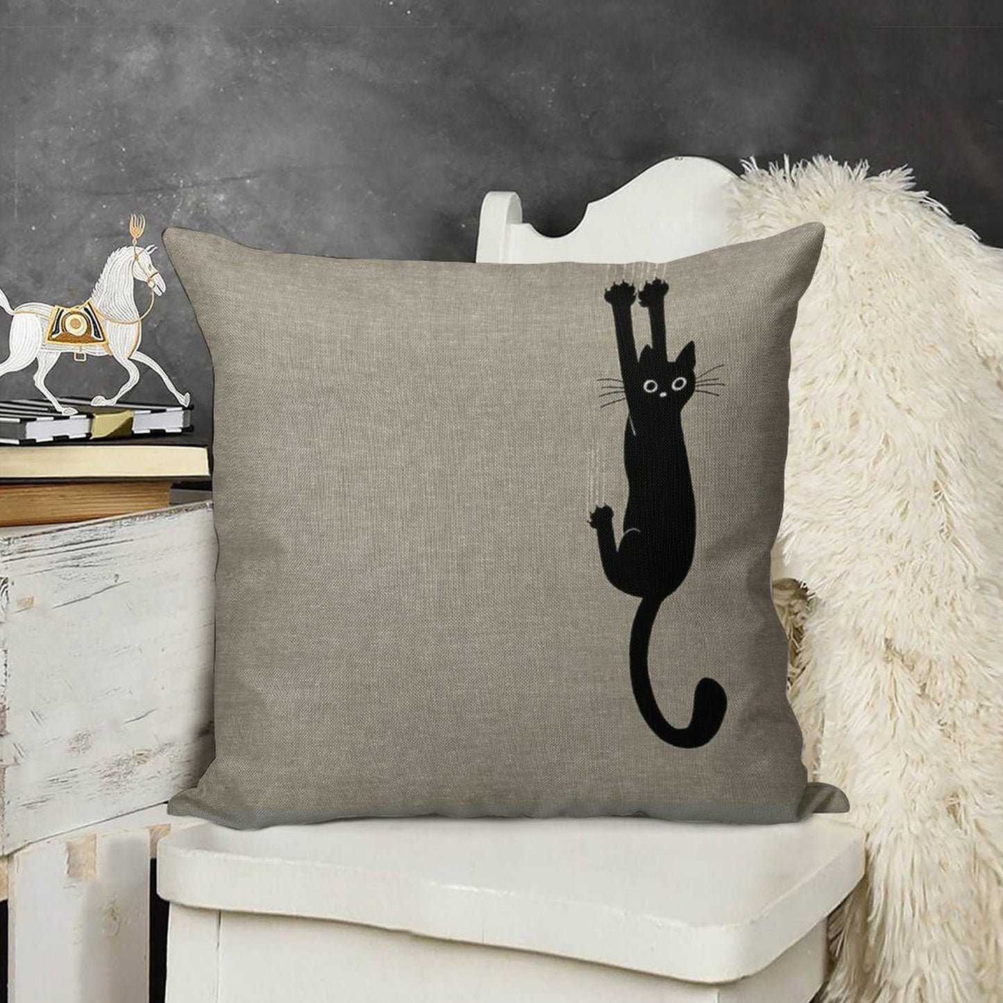 Black Cat Holding On Linen Throw Pillow Cover