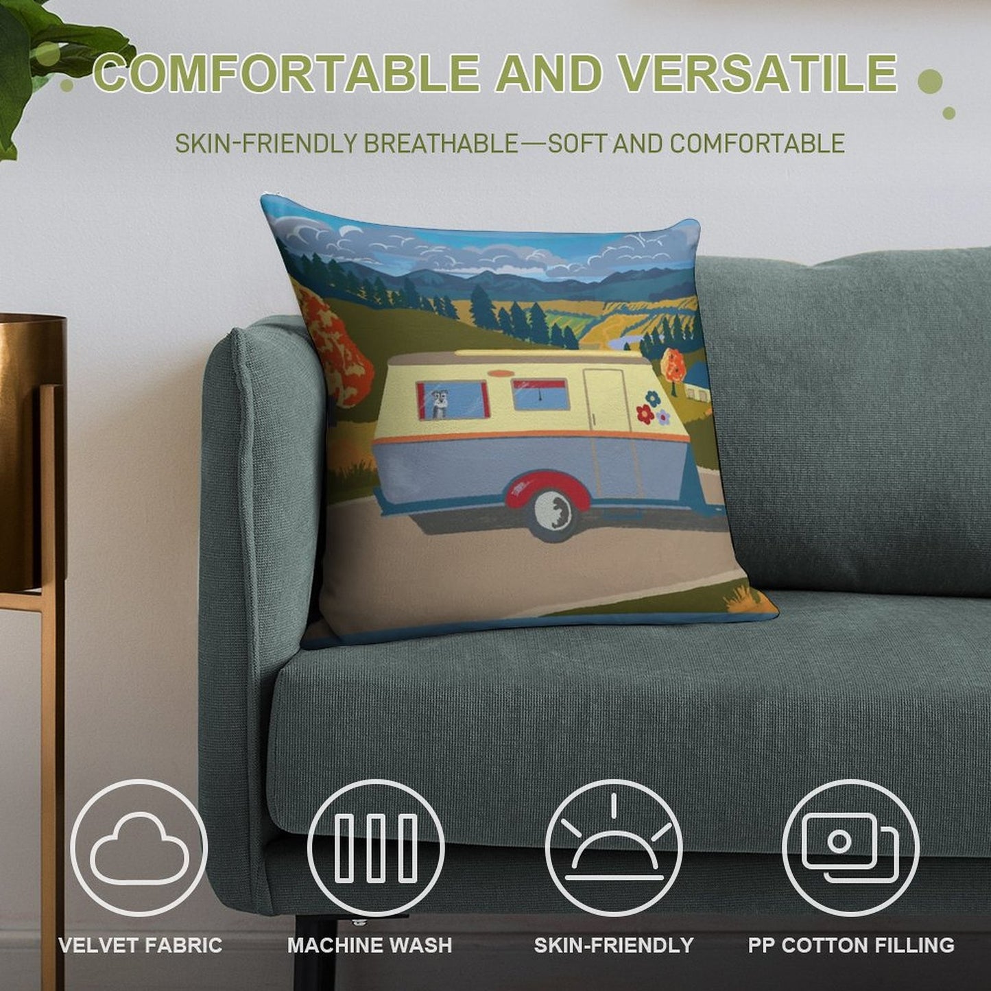 Vintage Caravan on Tour (with A Schnauzer!) Soft Multiple Sizes Throw Pillow