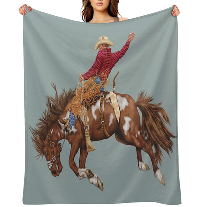 Vintage Western Rodeo Art, Bronco Busting Cowboy Throw Blanket