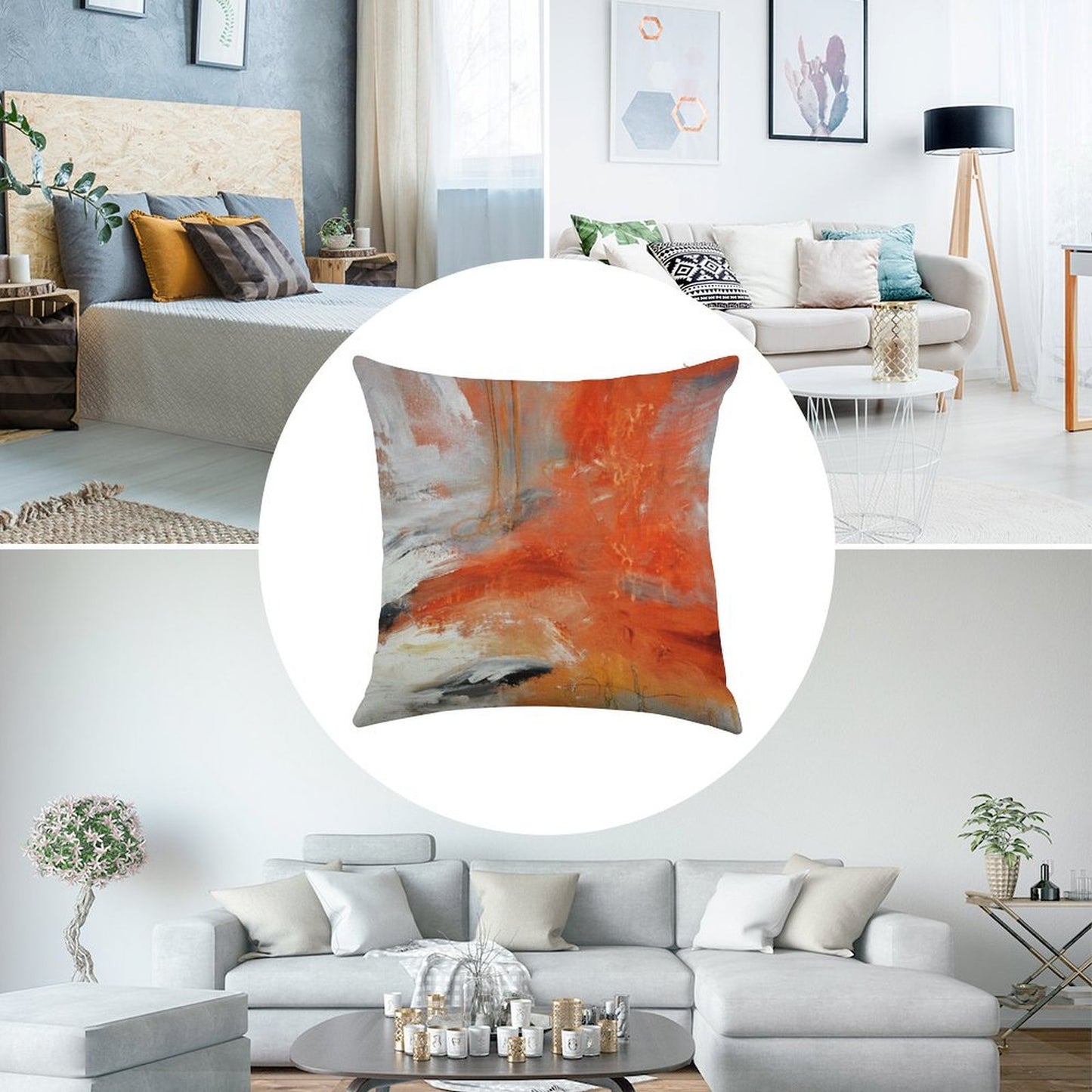 Red Orange Abstract Print Linen Throw Pillow Cover