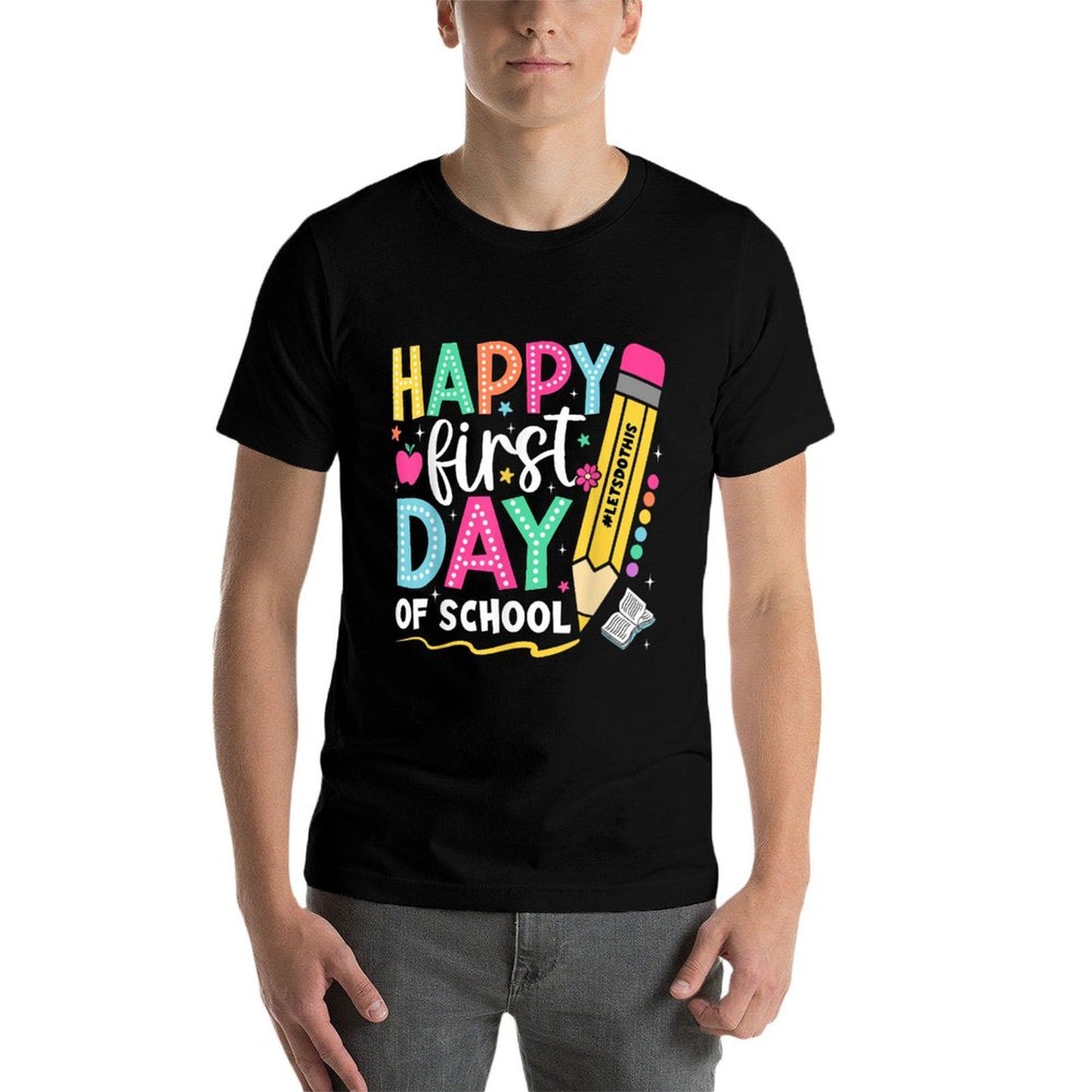 Happy First Day Of School Pencil Teacher Kids Back To School  Trendy Pattern T-Shirt