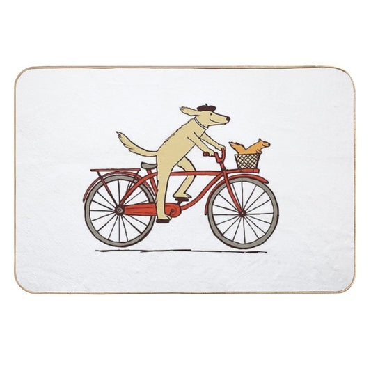 Dog And Squirrel Are Friends  Whimsical Animal Art  Dog Riding A Bicycle  Easy To Clean Bath Mat