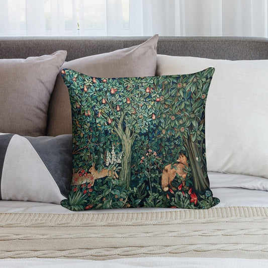 GREENERY, FOREST ANIMALS Fox And Hares Blue Green Floral Tapestry Soft Shrink-Resistant Throw Pillow