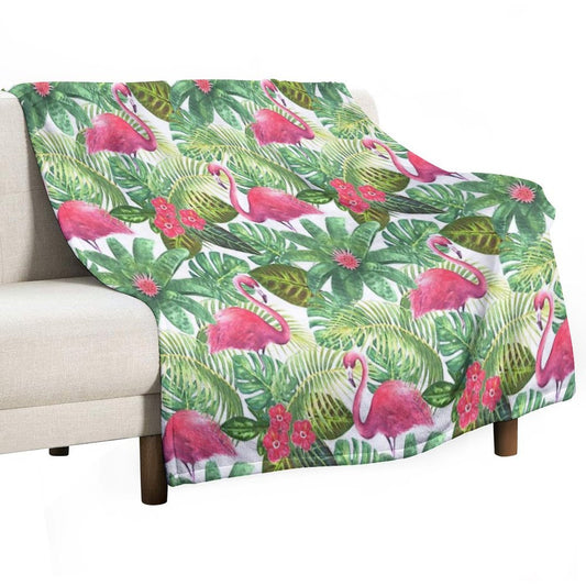 Tropical Exotic Seamless Pattern with Pink Flamingos on White Background Throw Blanket