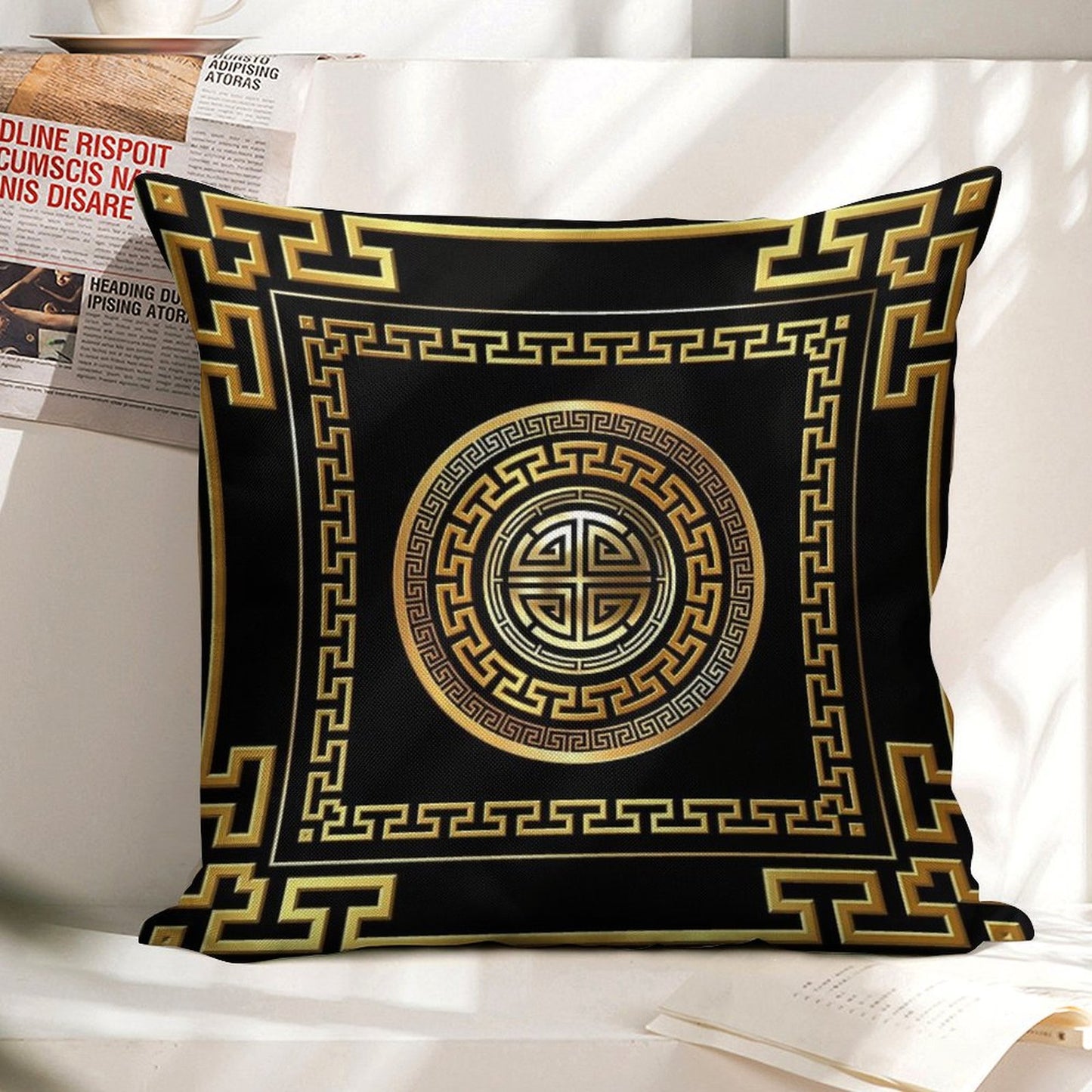 Greek Key Meander Black Gold Large Linen Throw Pillow Cover