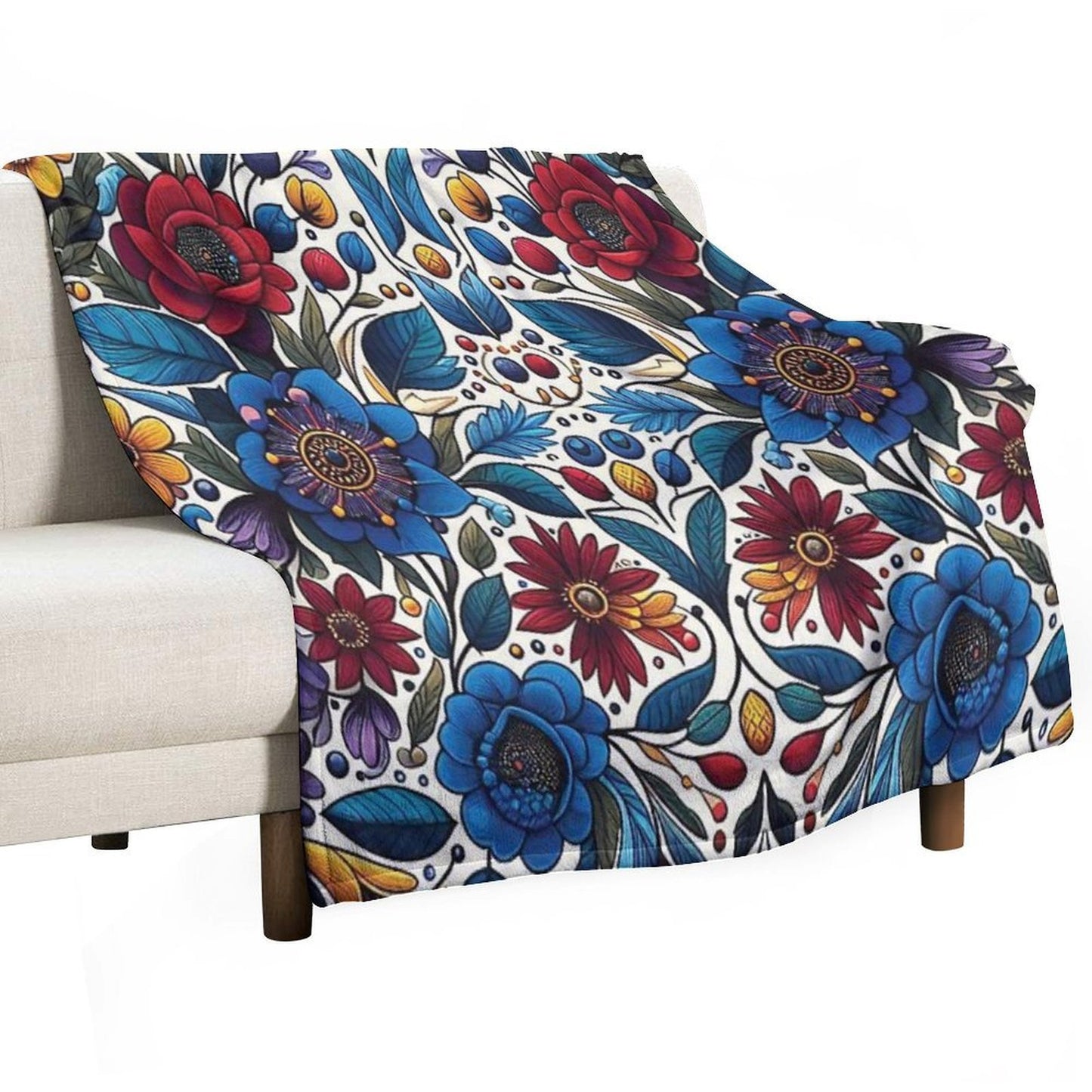 Deep Blue Ojibwe Bloom – Indigenous Floral Folk Art Throw Blanket