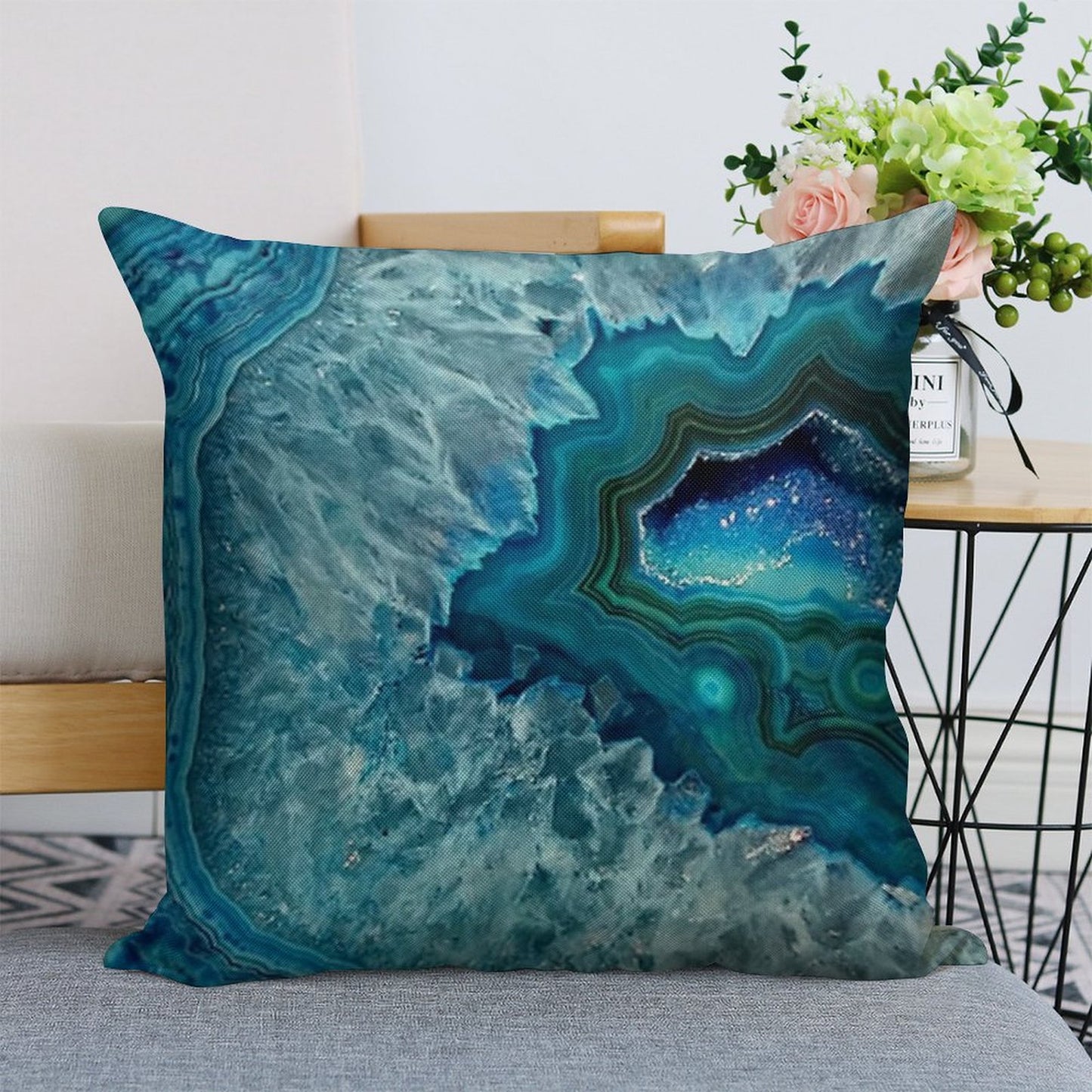 Teal Aqua Turquoise Blue Rock Agate Mineral Crystals Pattern Linen Throw Pillow Cover