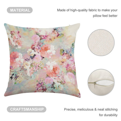 Romantic Pink Teal Watercolor Chic Floral Pattern Linen Throw Pillow Cover