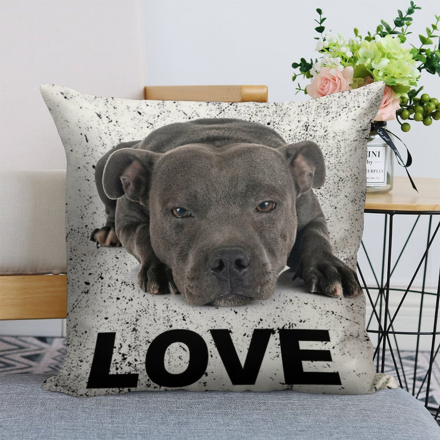Love Is 4 Paws & Waggy Tail Blue Staffordshire Bull Terrier Linen Throw Pillow Cover