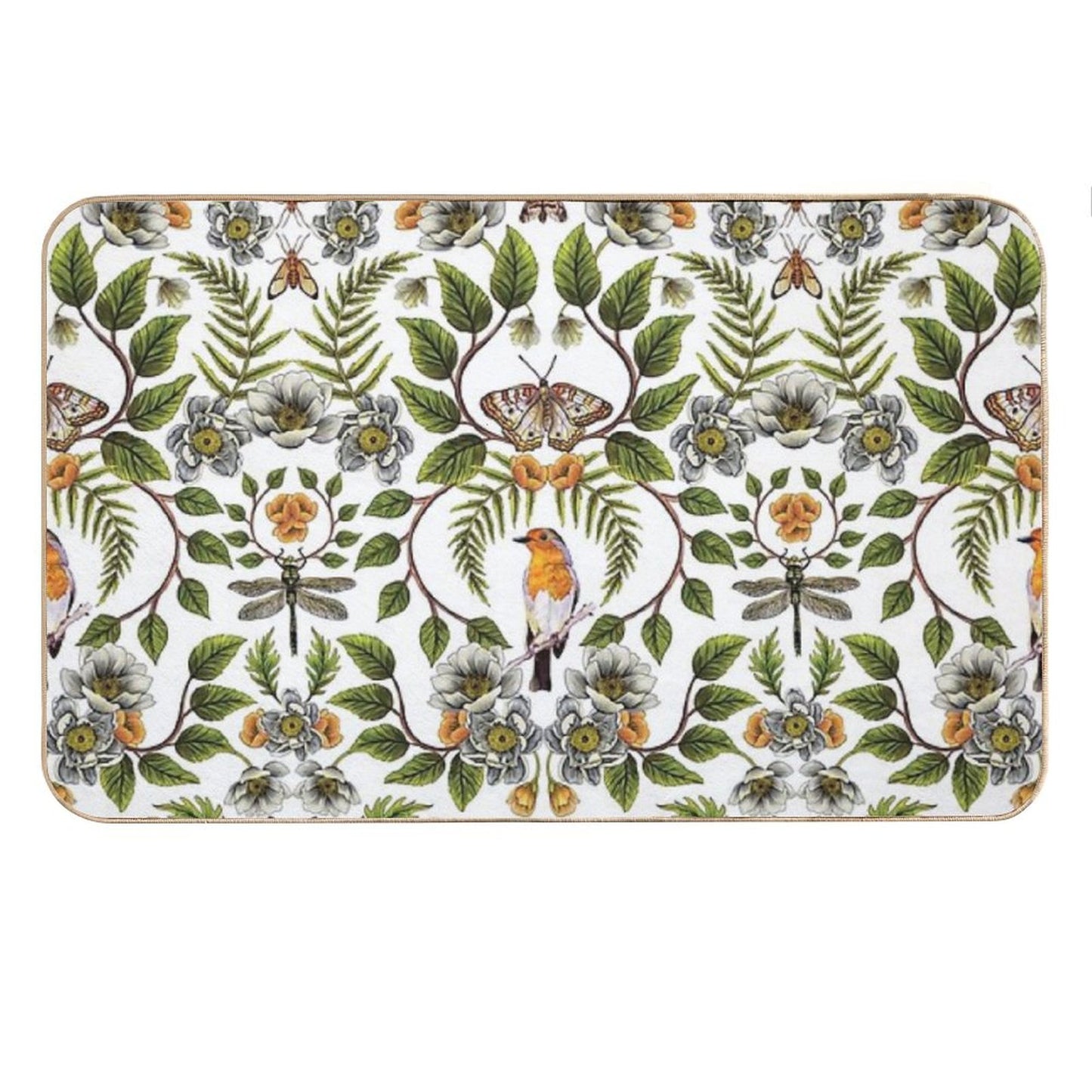 Spring Reflection - FloralBotanical Pattern W Birds, Moths, Dragonflies & Flowers Bath Mat