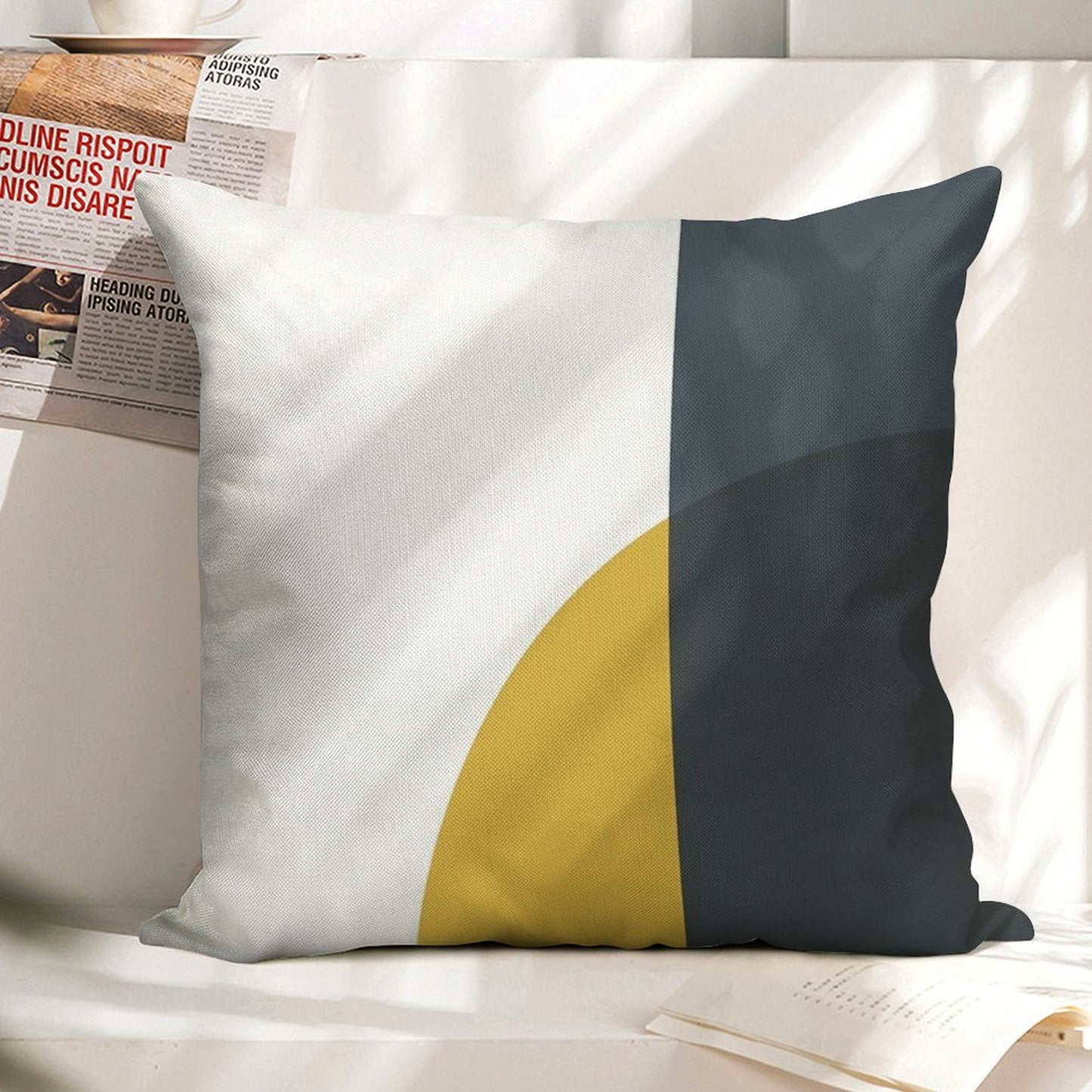 Abstract Geometric Minimalist 2 Navy Blue, Light Mustard Yellow, And White Linen Throw Pillow Cover