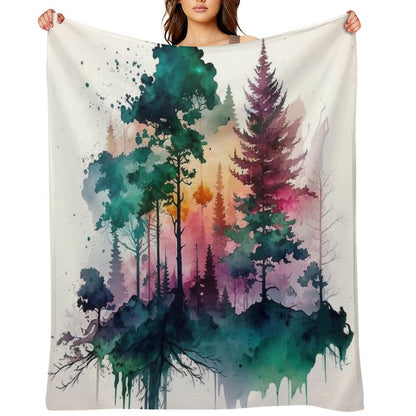 Colorful Forest Watercolor Painting Throw Blanket