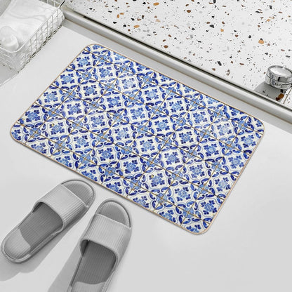 Portuguese Tiles. Blue Flowers And Leaves Bath Mat