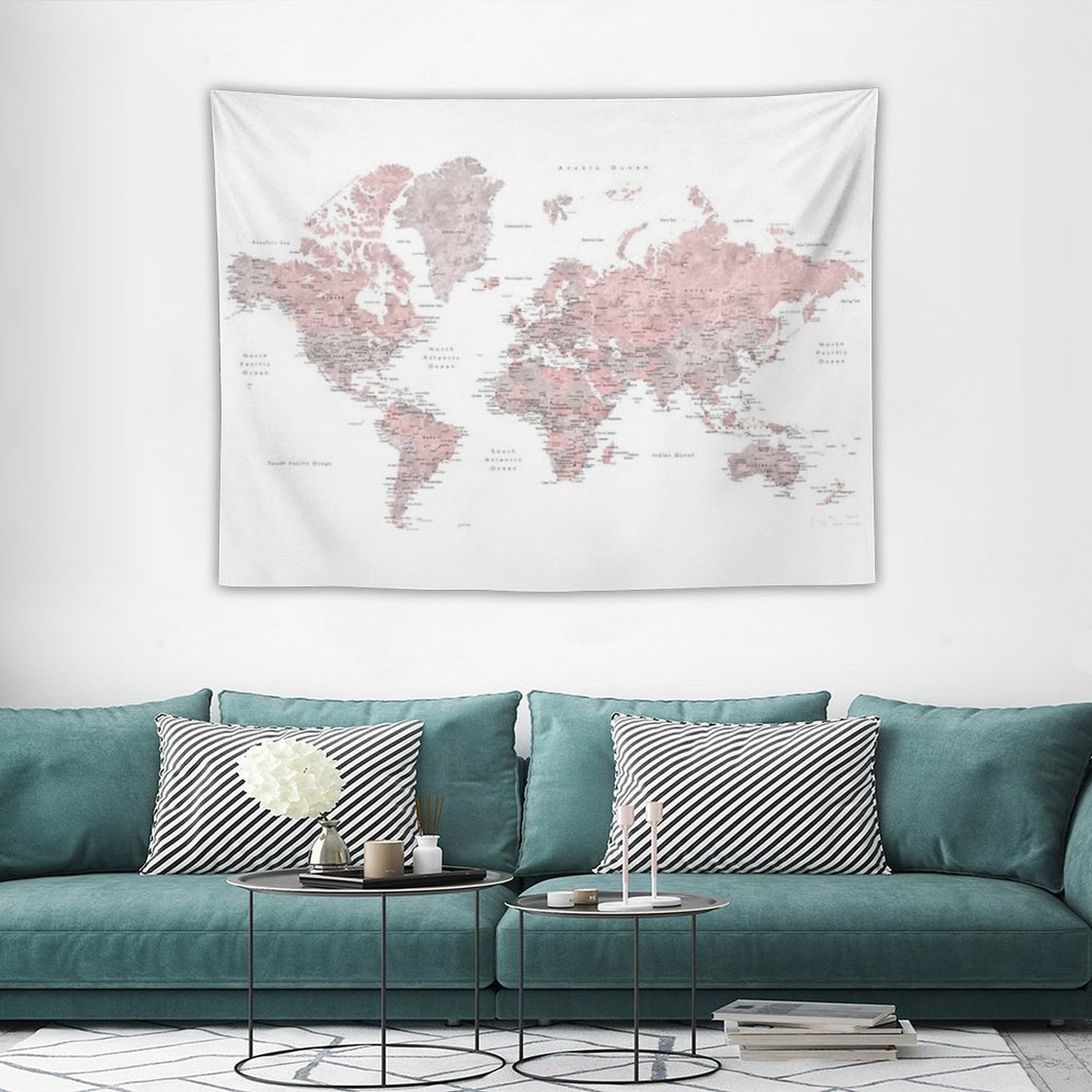 Muted Pink And Taupe Detailed World Map Tapestry