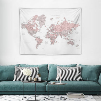 Muted Pink And Taupe Detailed World Map Tapestry