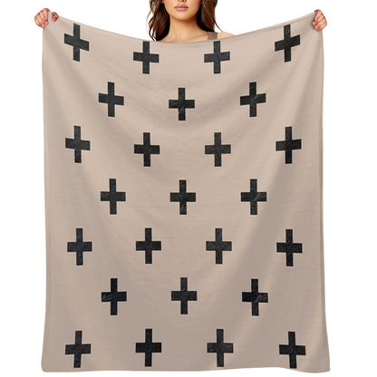 Beige And Black Textured Swiss Cross Pattern Throw Blanket
