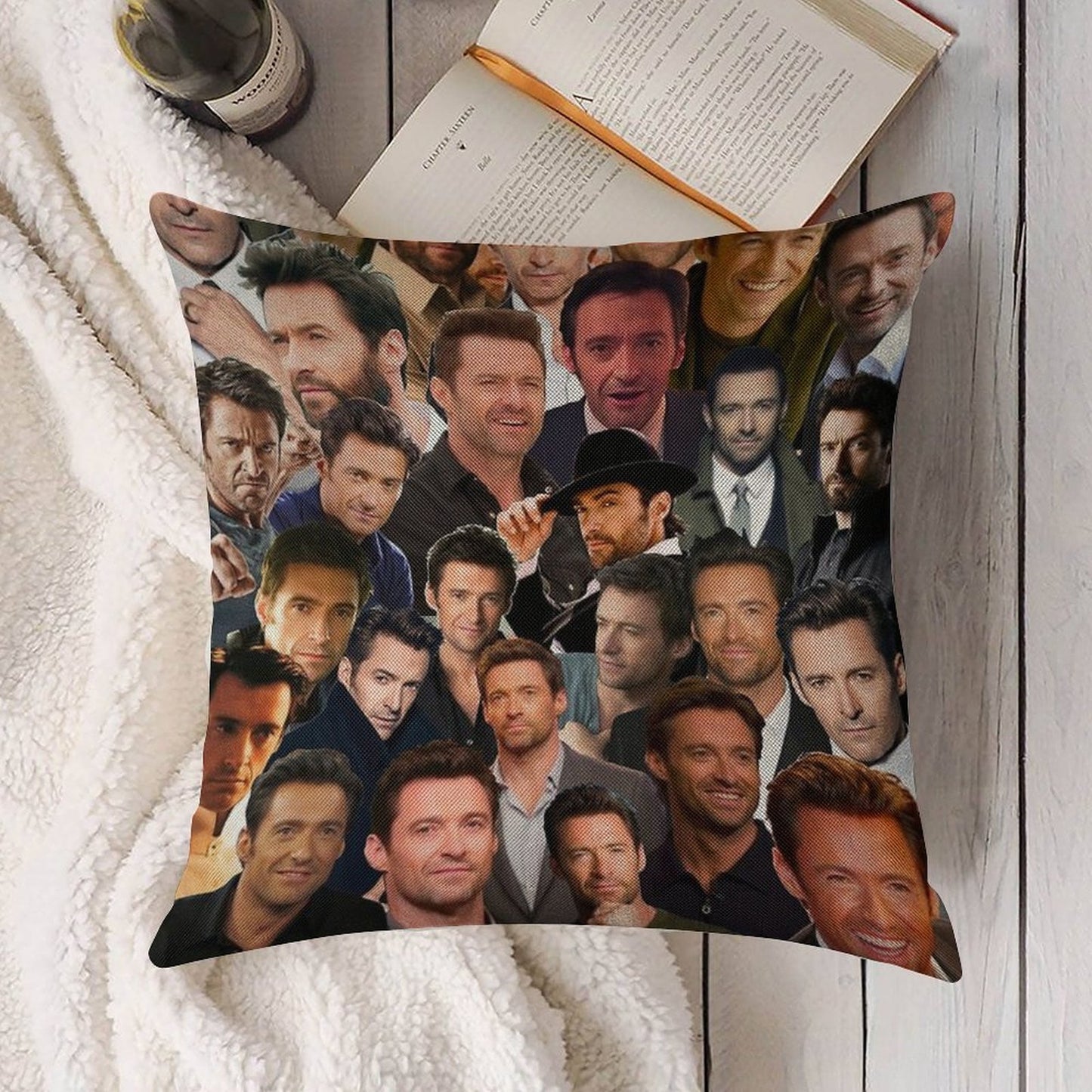 Hugh Jackman Photo Collage Linen Throw Pillow Cover