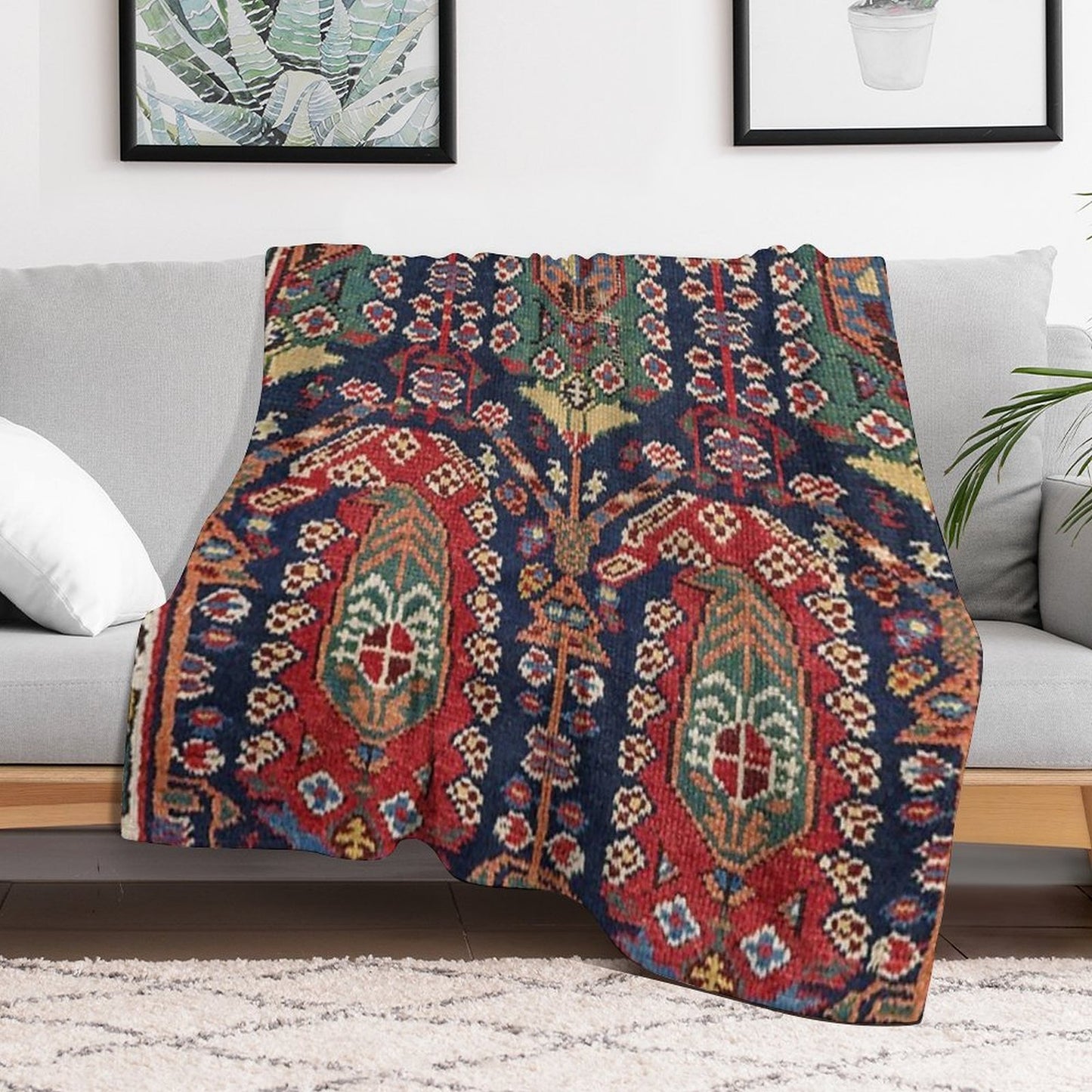 Midnight Blue Botehs 19th Century Authentic Colorful Red Aztec Shapes Rug Throw Blanket