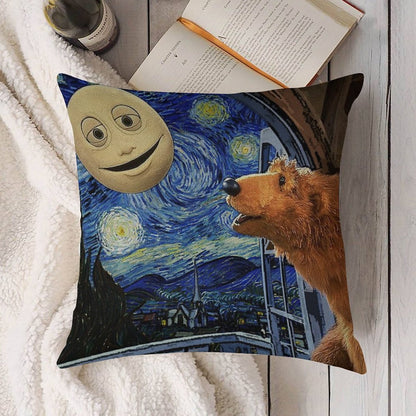 Bear in The Big Blue House with Starry Night Linen Throw Pillow Cover
