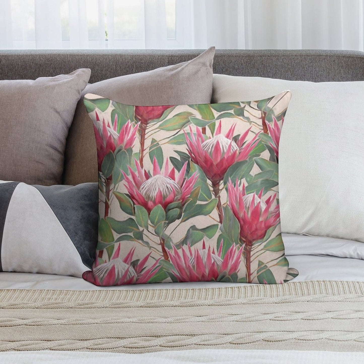 Painted King Proteas on Cream Soft Shrink-Resistant Throw Pillow