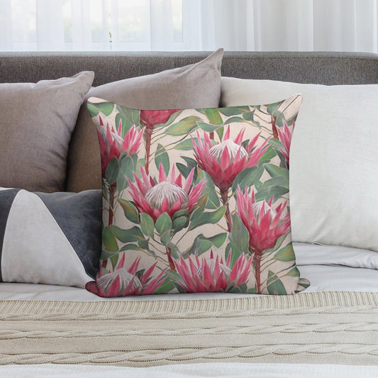 Painted King Proteas on Cream Soft Shrink-Resistant Throw Pillow