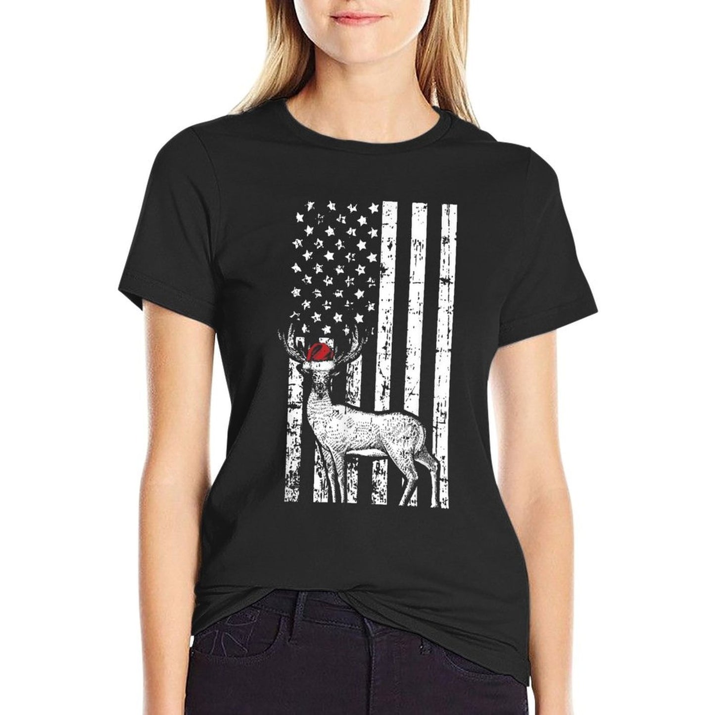 Deer Hunting Elk Santa Hat American Christmas Gifts for Women Kids Men  Cotton T-Shirt