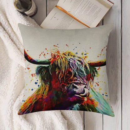 Highland Cow Watercolor Art Work Linen Throw Pillow Cover