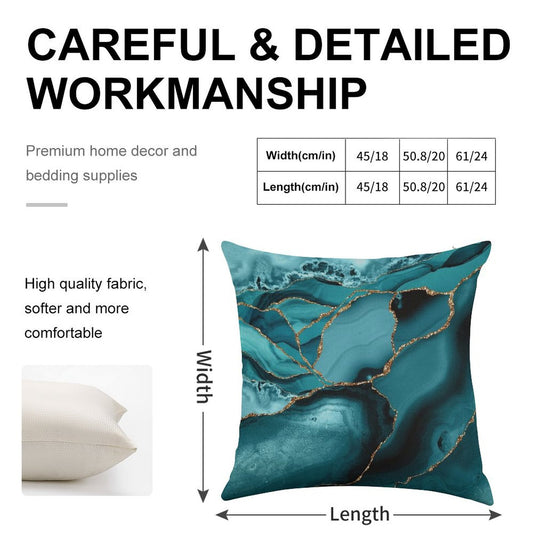 Teal And Gold Faux Marble Landscape Waves Linen Throw Pillow Cover