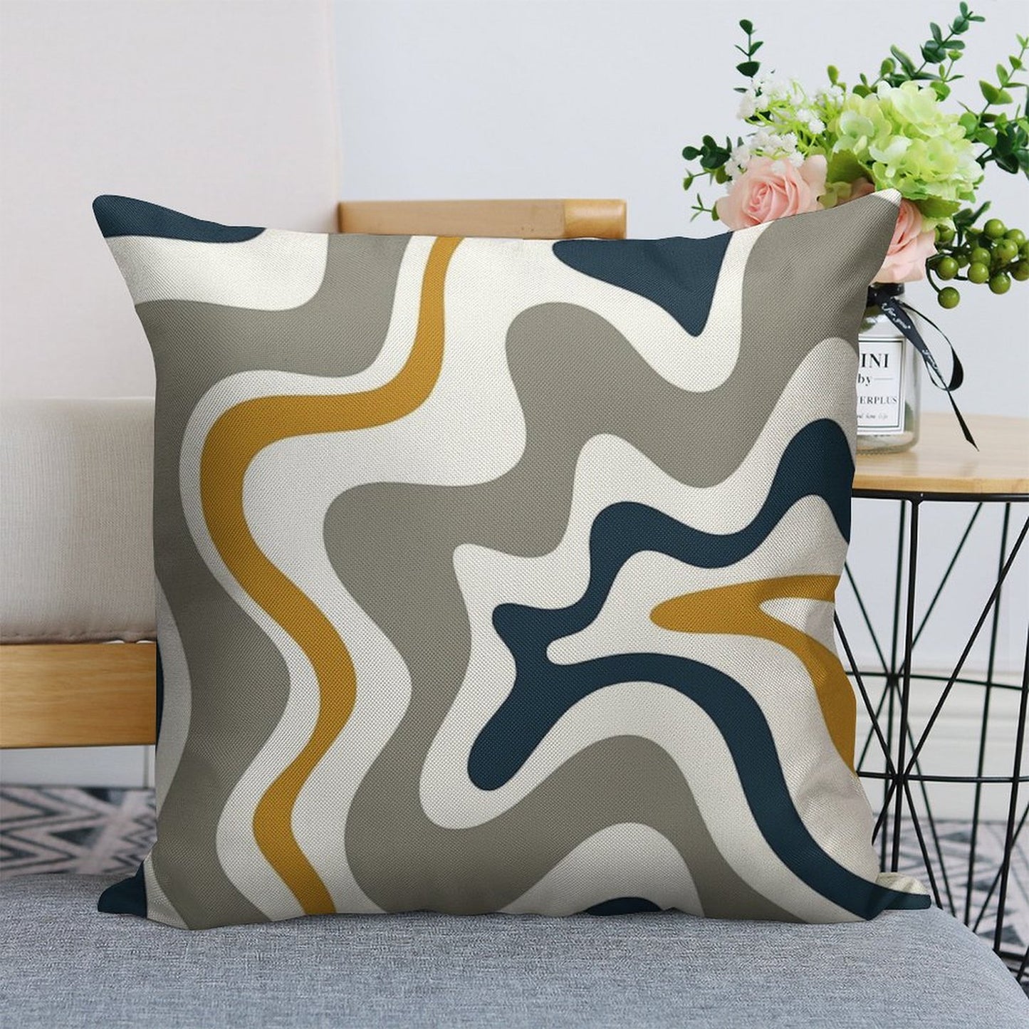 Liquid Swirl Contemporary Abstract in Mustard Yellow, Navy Blue, Grey, And White Linen Throw Pillow Cover