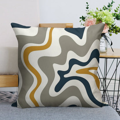 Liquid Swirl Contemporary Abstract in Mustard Yellow, Navy Blue, Grey, And White Linen Throw Pillow Cover