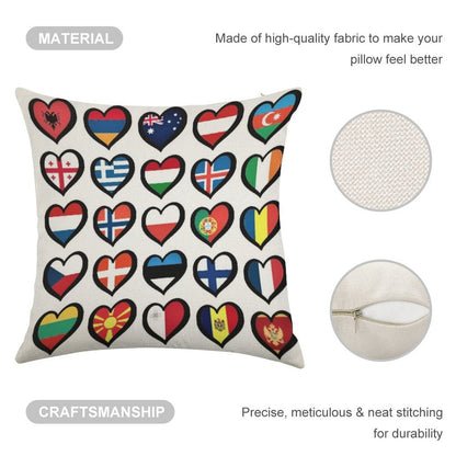 Eurovision Song Contest Flags Hearts ESC EBU Eurofans Linen Throw Pillow Cover