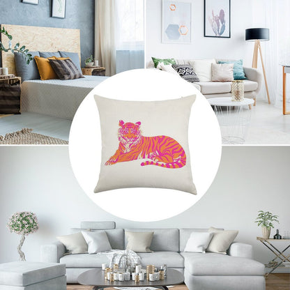 Pink And Orange Tiger Linen Throw Pillow Cover