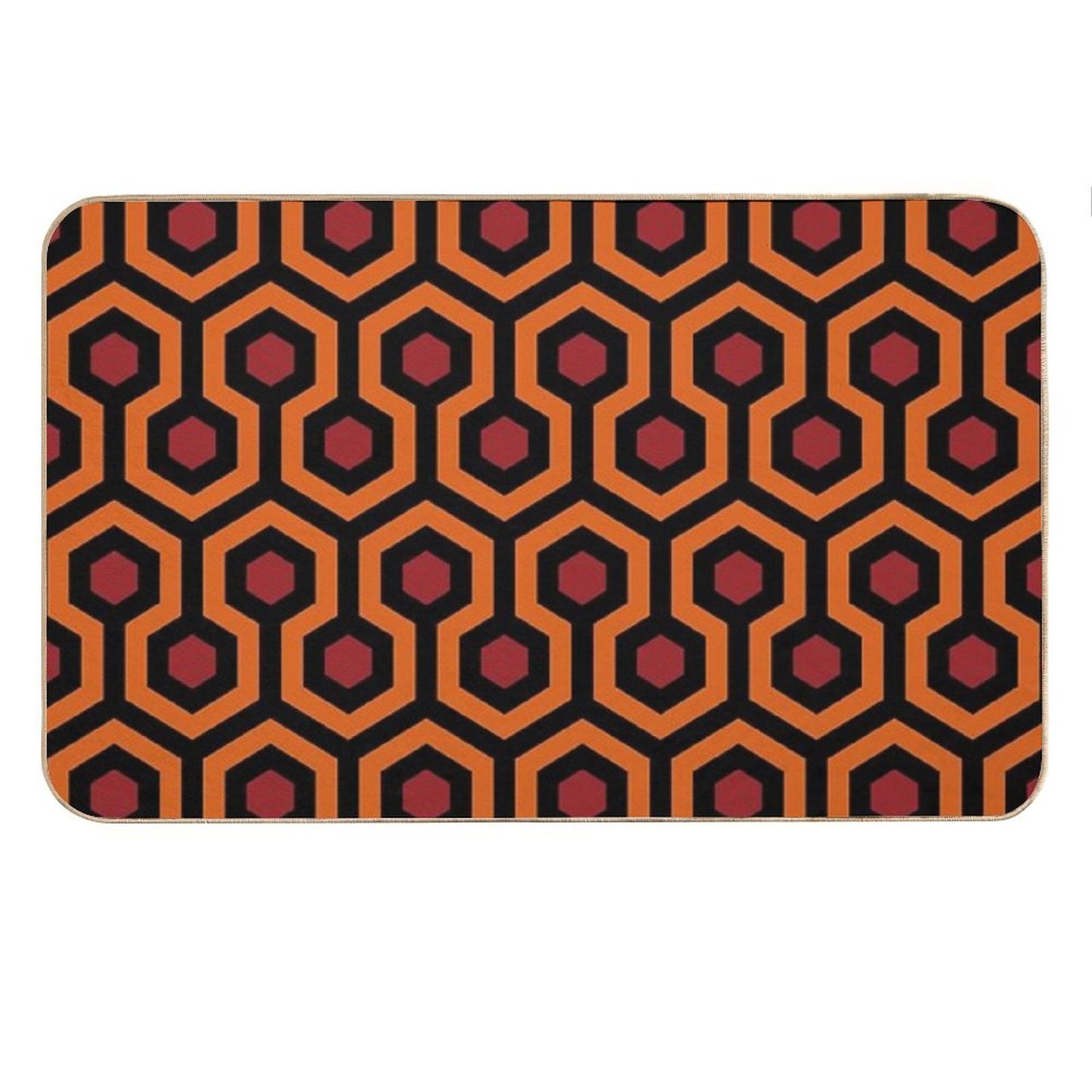Geometric Pattern Looped Hexagons OrangeRedBlack Bath Mat