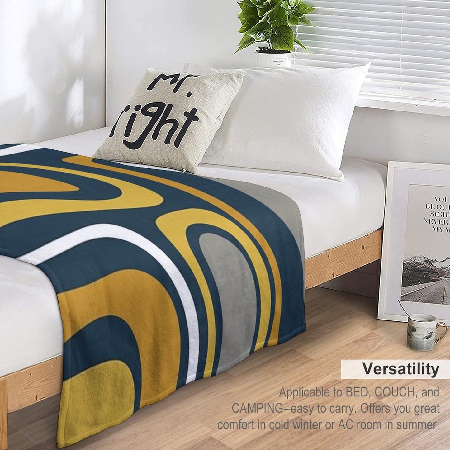 Palm Springs Mid-Century Modern Abstract Pattern in Light And Dark Mustard, Gray, And White on Navy Blue Throw Blanket