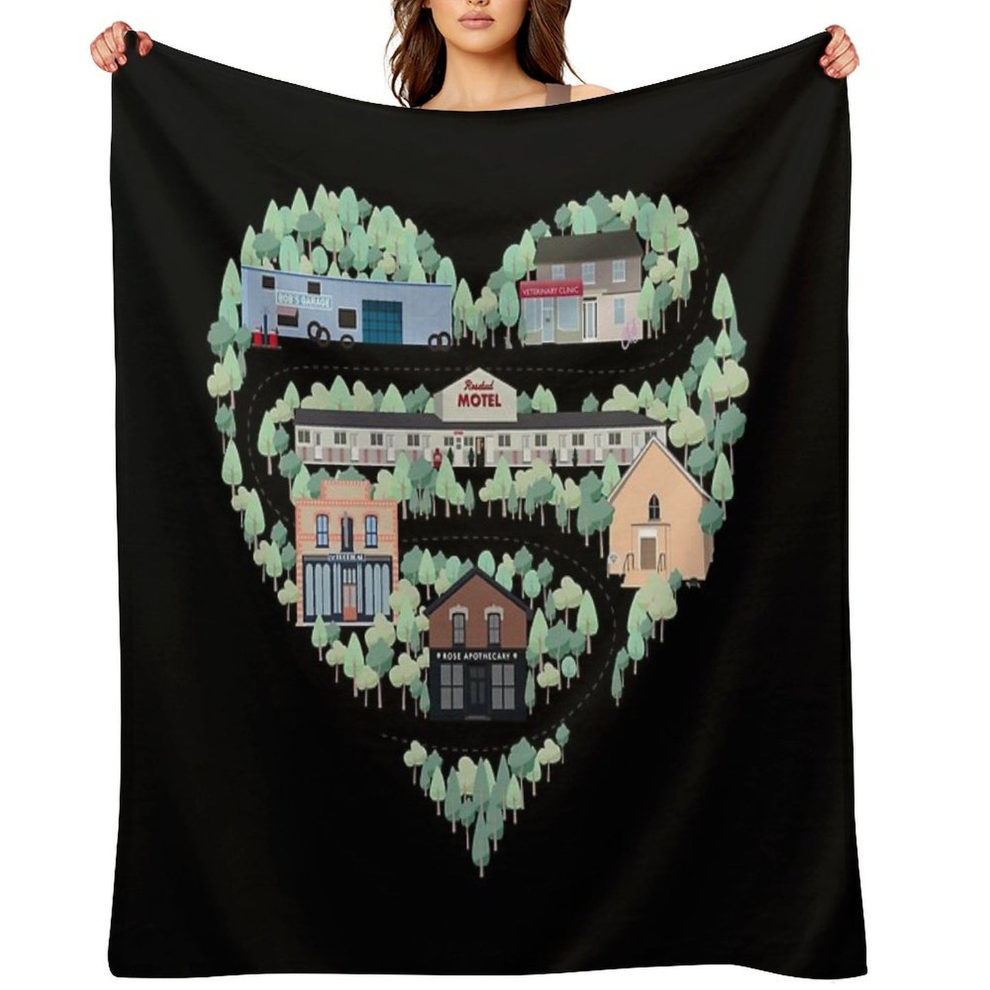 I Love The Town of Schitt's Creek, Where Everyone Fits In. From The Rosebud Motel to Rose Apothecary, A Drawing of The Schitt's Throw Blanket