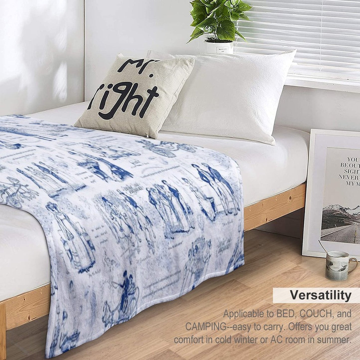 Pride And Prejudice Blue Toile Illustrations Quotes Pattern Throw Blanket