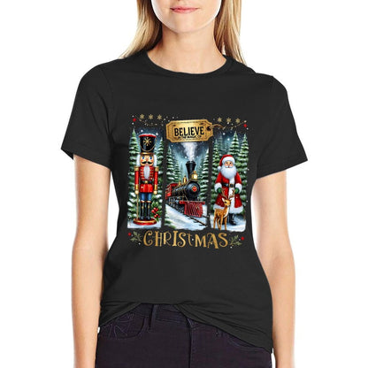 Believe In The Magic of Christmas Train Nutcracker Santa  Polyester Blend T-Shirt