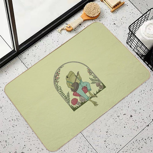 Cottagecore Aesthetic Frog Playing Banjo on Mushroom Cute Vintage Goblincore Farmer Toad in Garden, Emo Grunge Fairycore Bath Mat