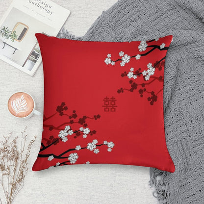 White Oriental Cherry Blossoms on Red And Chinese Wedding Double Happiness  Japanese Sakura © Fatfatin Soft Luxury Feel Throw Pillow