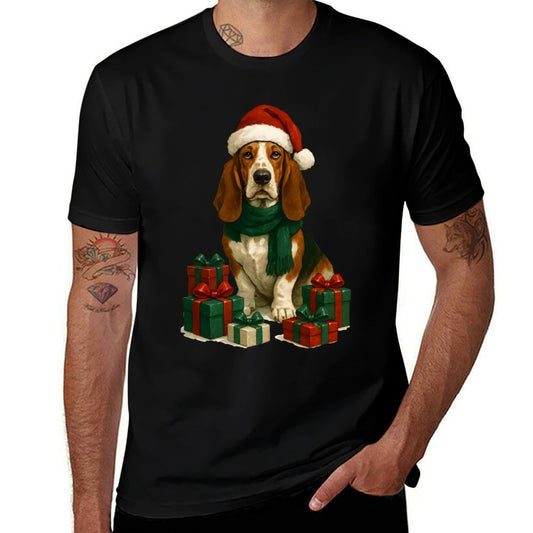 Christmas Basset Hound with Santa Claus Hat, Cute  Cotton T-Shirt