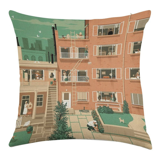 Travel Posters - Hitchcock's Rear Window - Greenwitch Village New York Linen Throw Pillow Cover