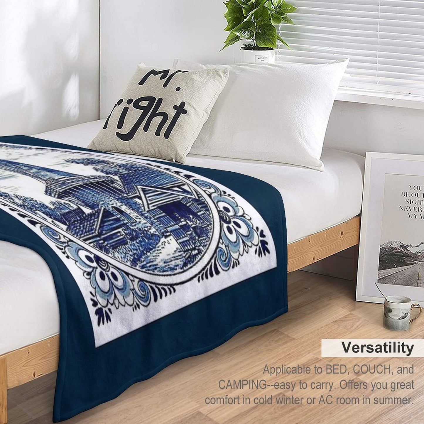 DUTCH BLUE DELFT  Vintage Windmill  Print Throw Blanket