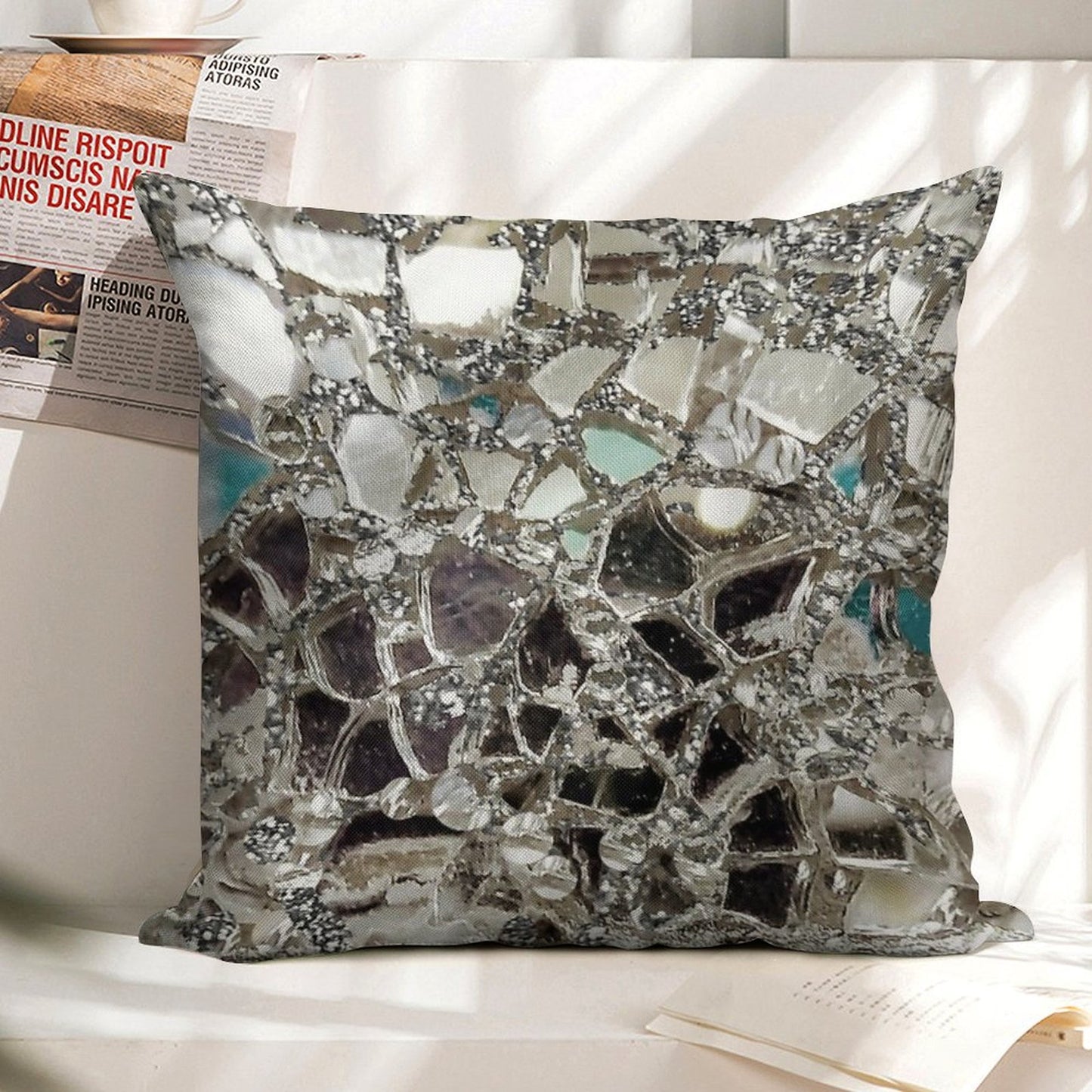 Photographic Image Sparkly Silver Glitter, Glass And Mirror Linen Throw Pillow Cover