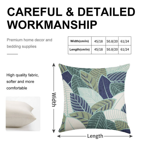 Leaf Wall  Navy Blue Pine And Sage Green Leaves Mint Lines Linen Throw Pillow Cover
