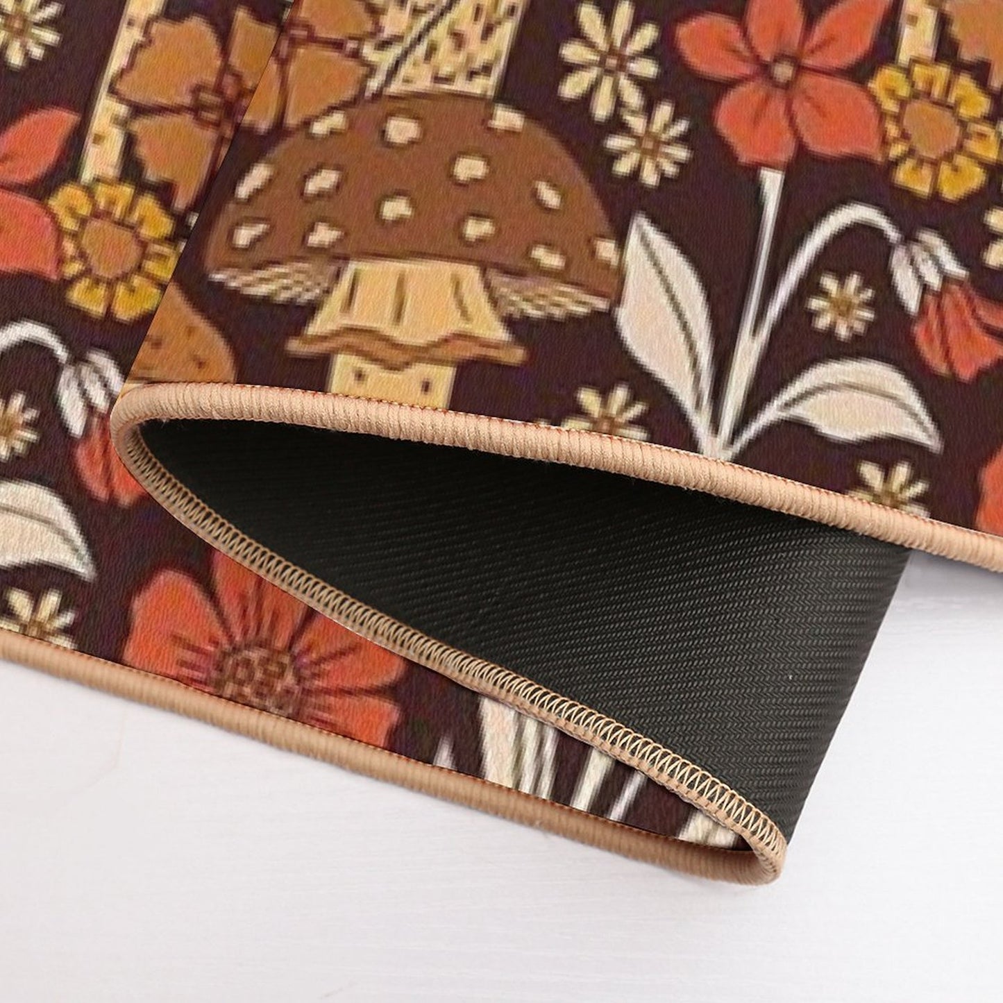 Retro 1970s Brown & Orange Mushrooms & Flowers Bath Mat