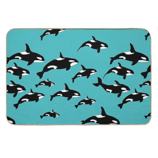 Orca Killer Whales Pattern on Blue Bath Mat