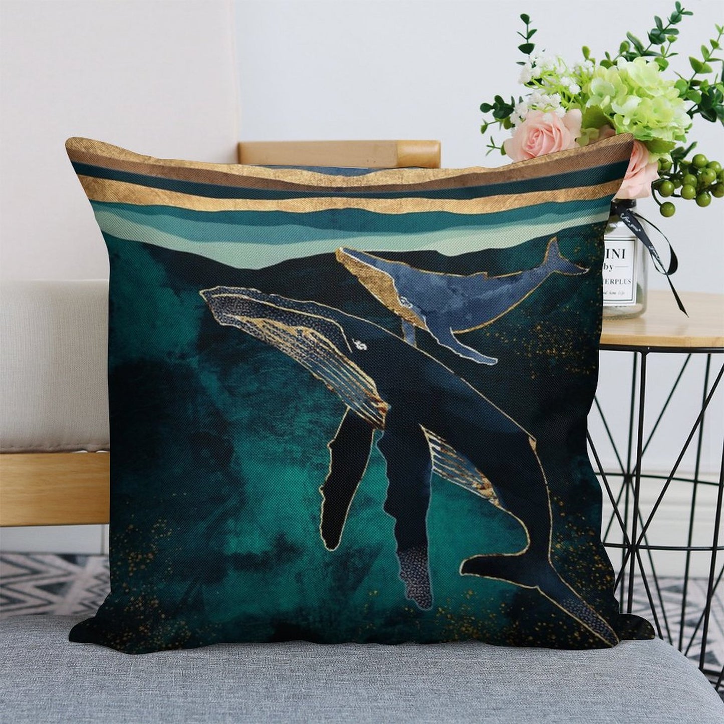 Moonlit Whales Linen Throw Pillow Cover