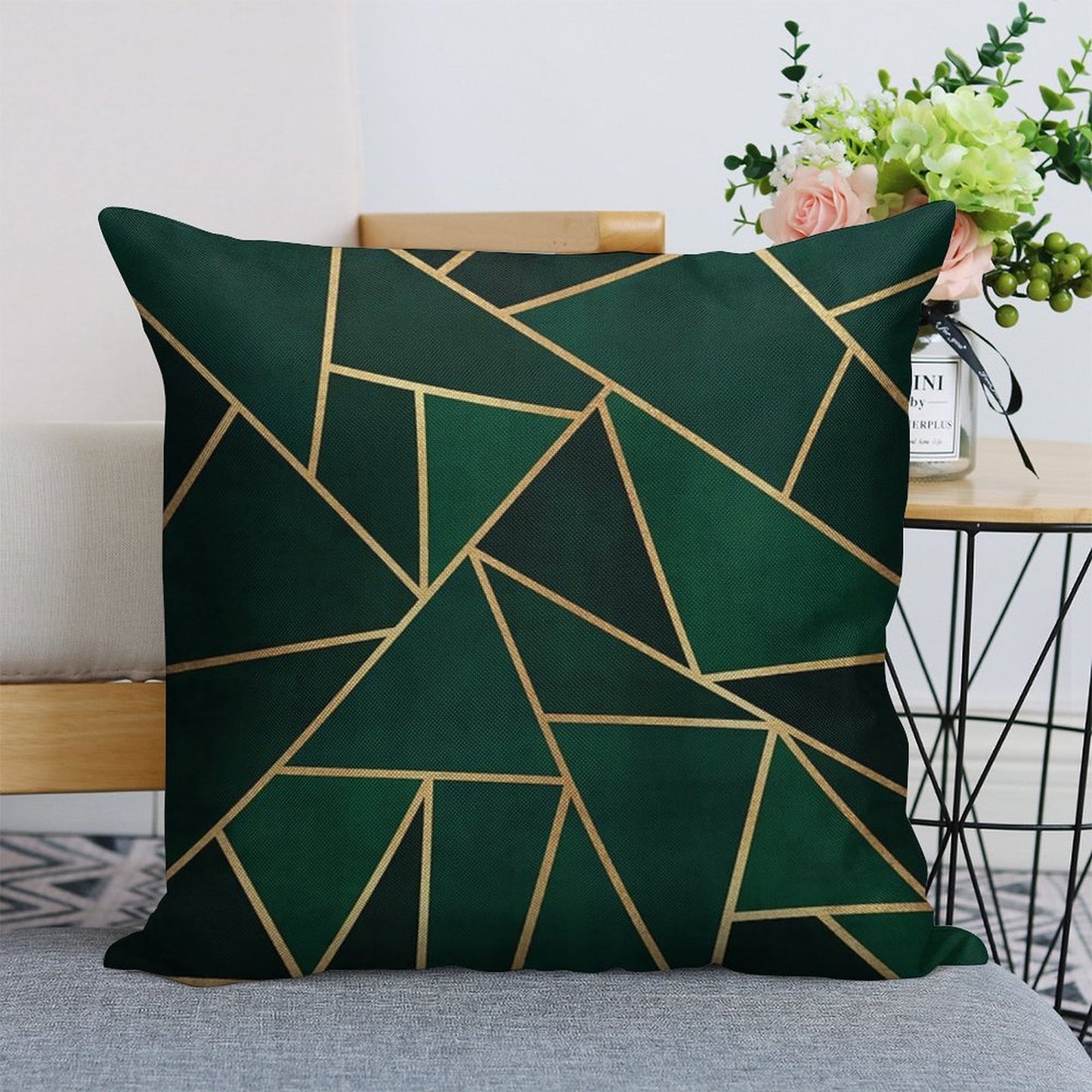 Green & Gold Pattern Linen Throw Pillow Cover