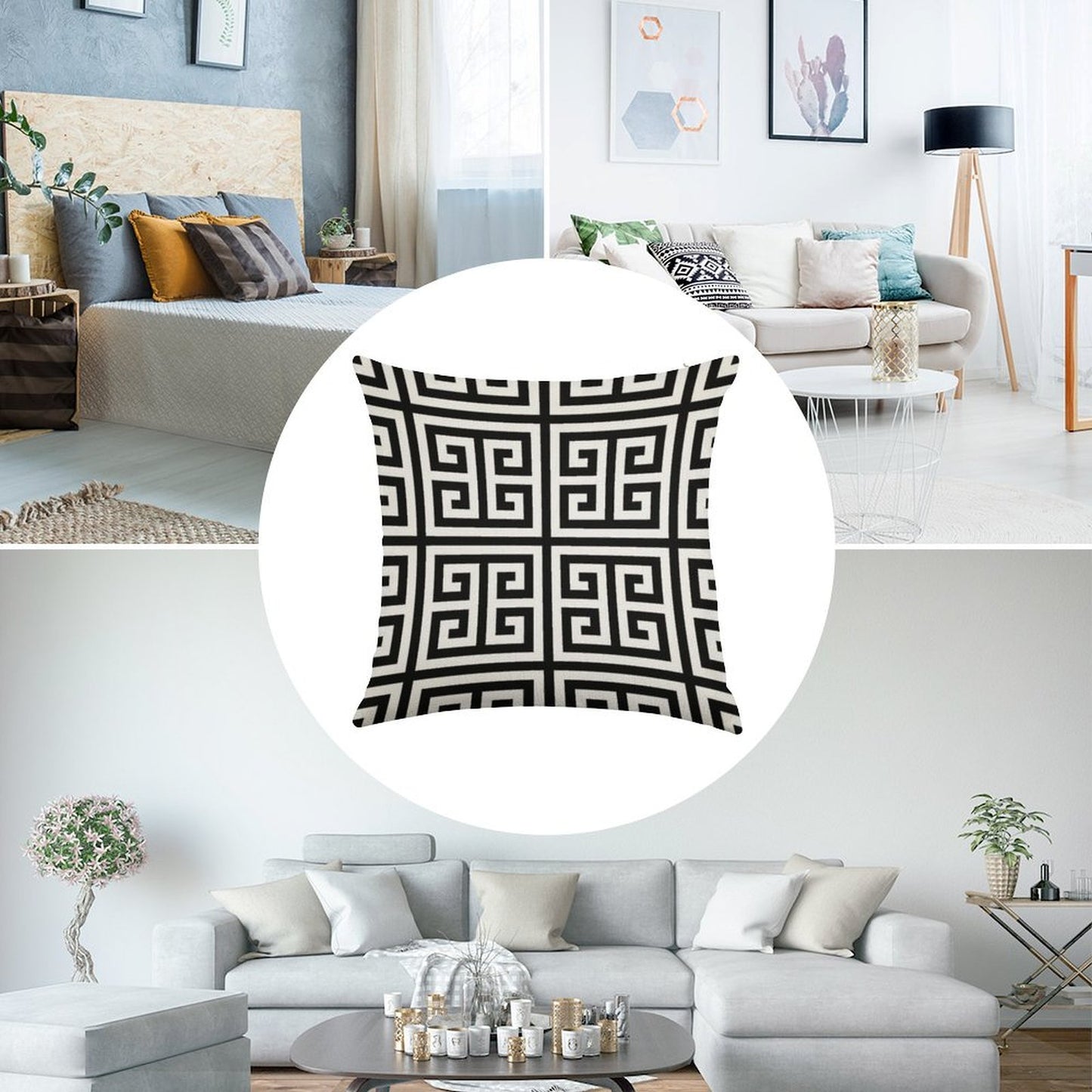 Greek Key Black And White Pattern Linen Throw Pillow Cover